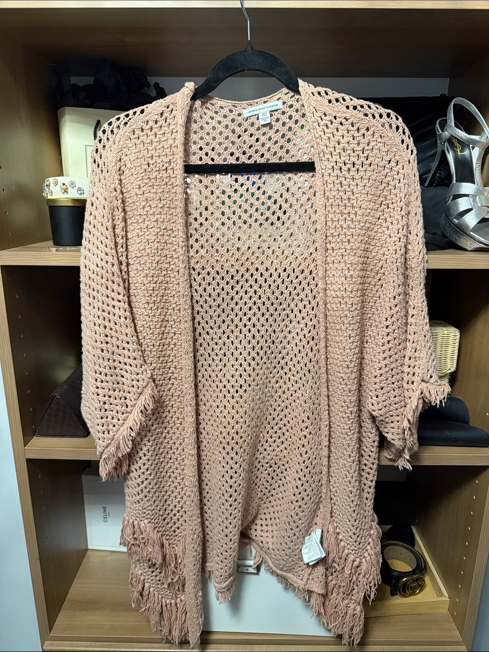 American Eagle Outfitters Open Knit Fringe Cardigan - Dusty Pink
